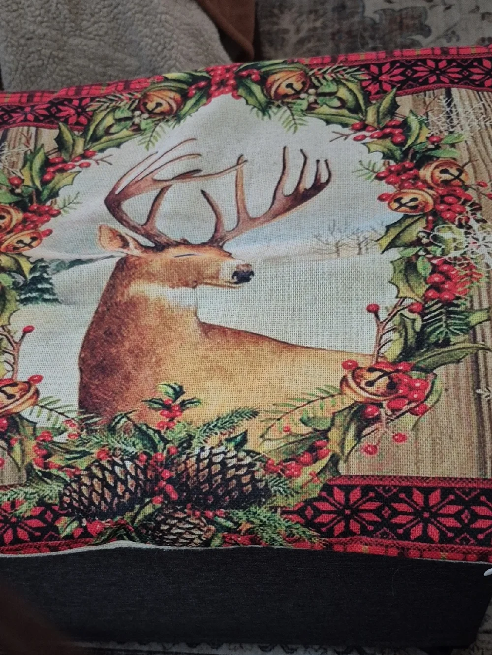 Holiday Deer Decorative Throw Pillow Cover - Red, Green, Brown